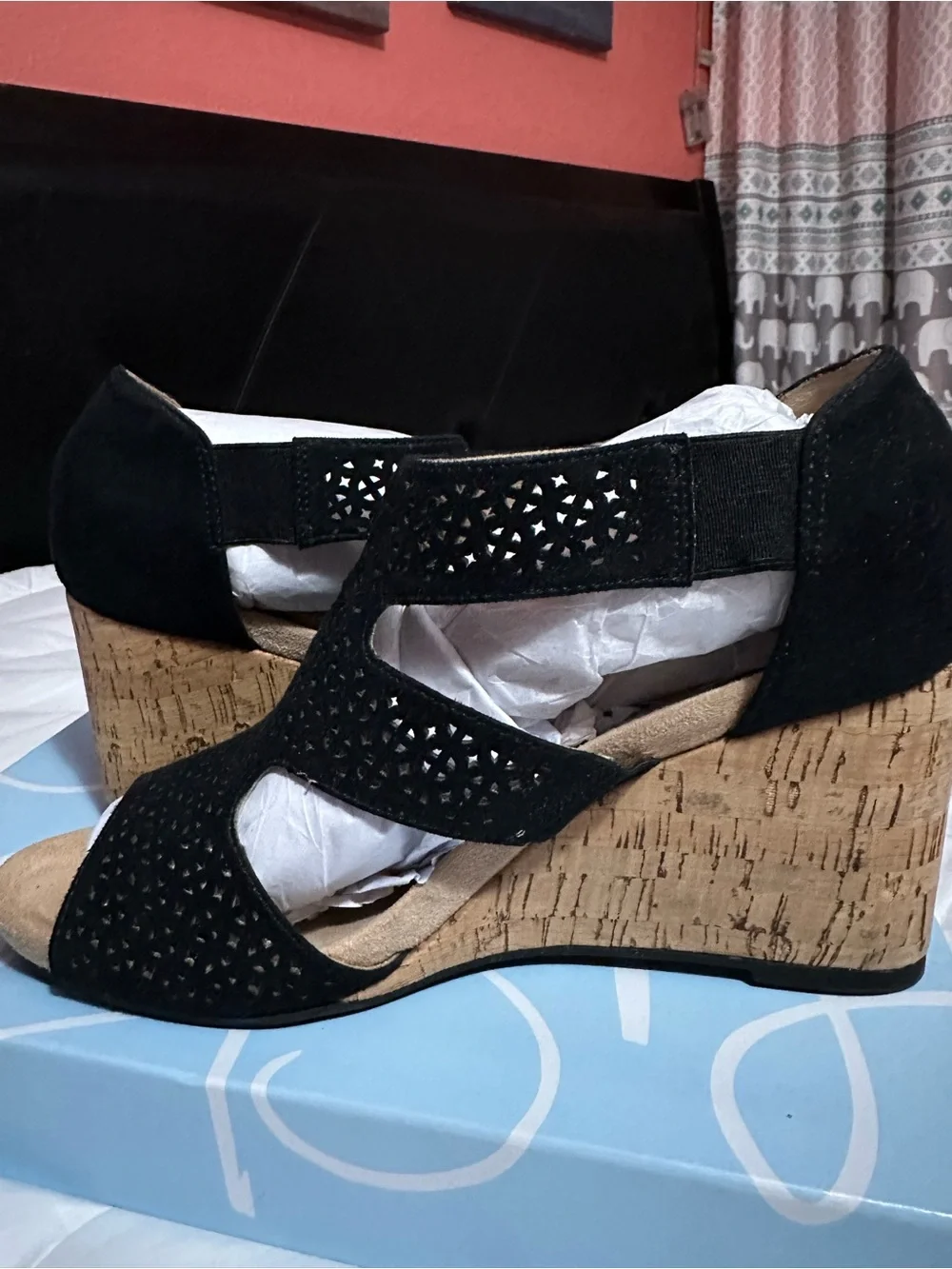 Life Stride Black Suede Cork Wedge Sandal with Laser-Cut Straps
